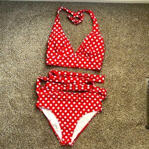 Two piece halter bathing suit | red, and white polkadots | size Large